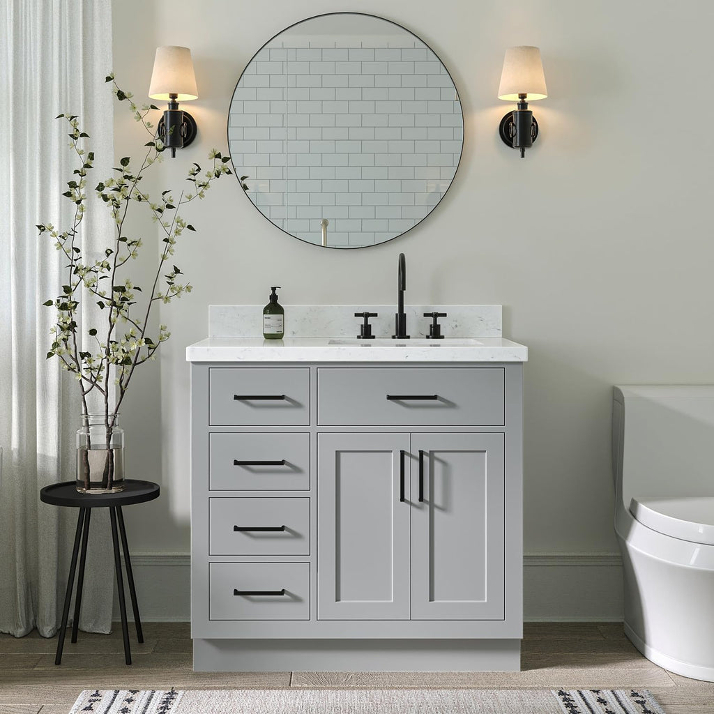 ARIEL Hepburn 36-inch Bathroom Vanity with Sink,Solid Wood, 1.5-inch Carrara White Quartz Countertop & Backsplash, Single Rectangular Porcelain Sink, 2 Soft Closing Doors, 5 Dovetail Drawers, Grey