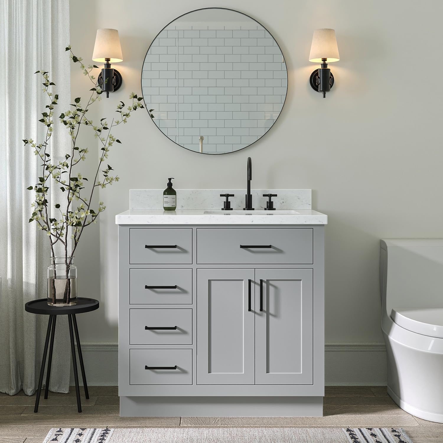 ARIEL Hepburn 36-inch Bathroom Vanity with Sink,Solid Wood, 1.5-inch Carrara White Quartz Countertop & Backsplash, Single Rectangular Porcelain Sink, 2 Soft Closing Doors, 5 Dovetail Drawers, Grey