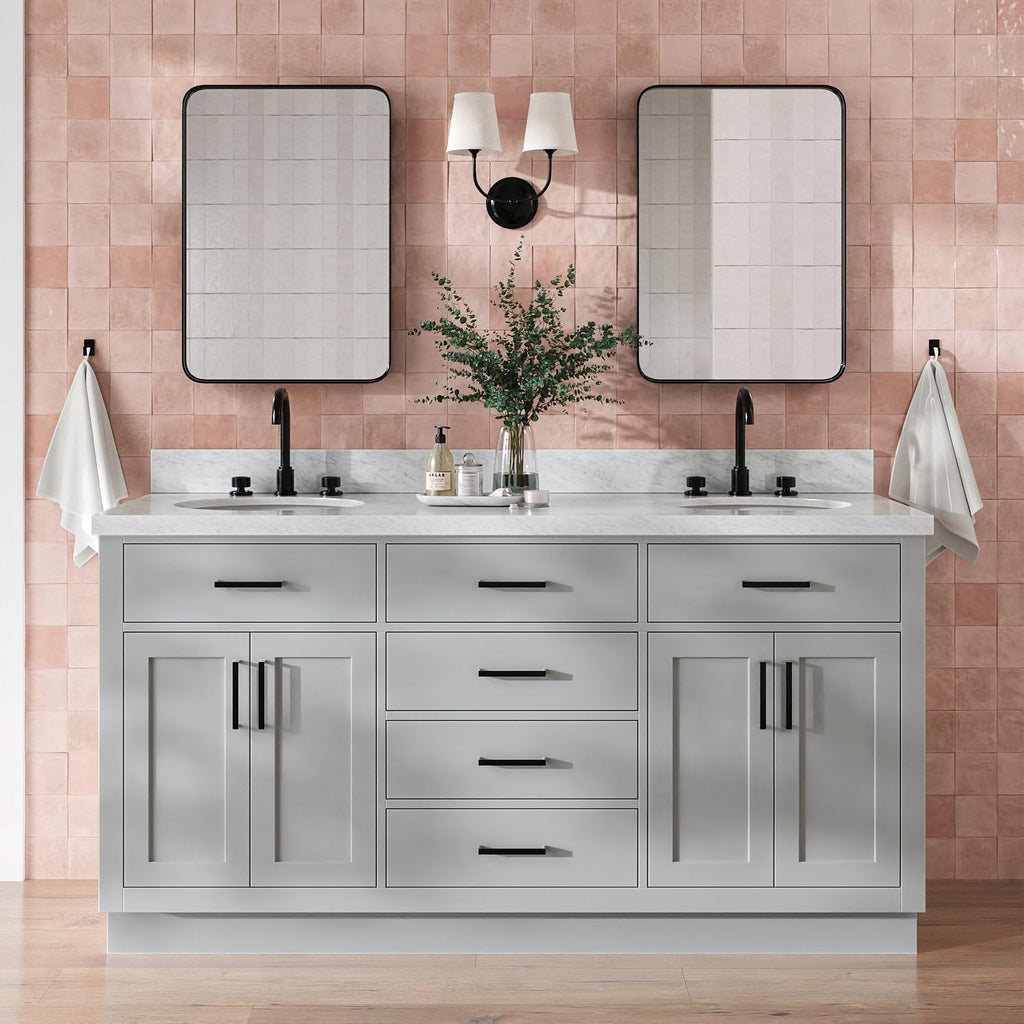 DKB Isabella 66' Grey Double Bathroom Vanity with Sink, 1.5' Edge Italian Carrara Marble Countertop, 2 Oval Undermount Sinks, 4 Soft Closing Doors, 6 Dovetail Drawers
