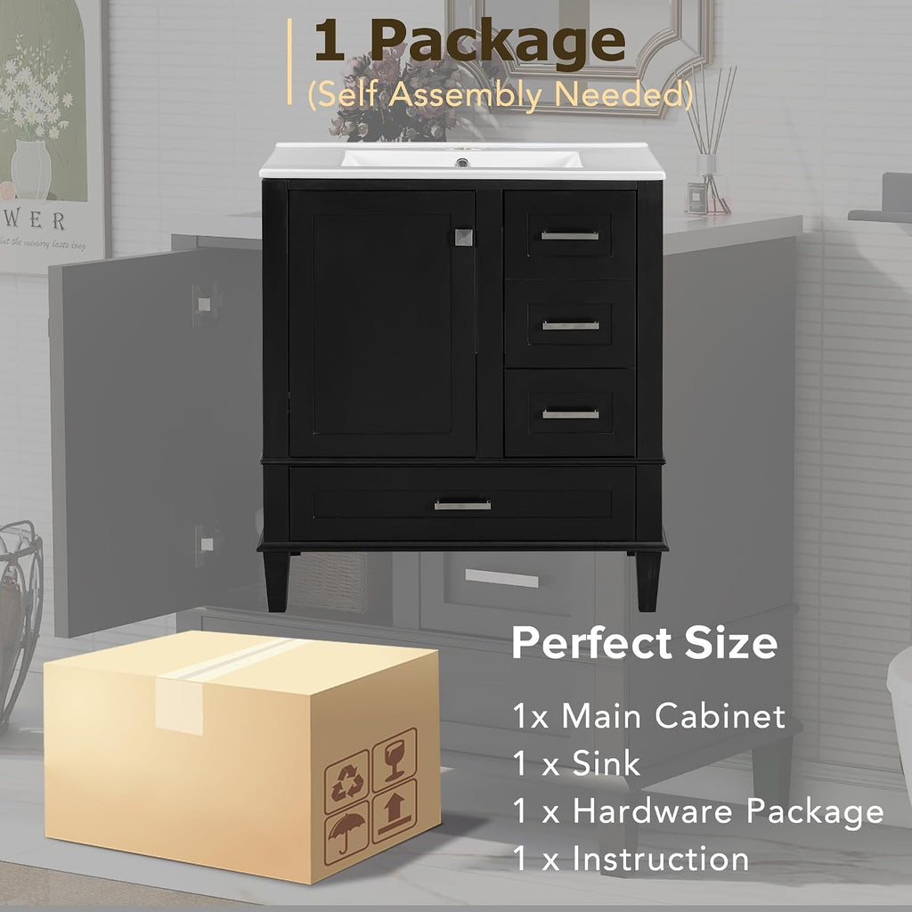 Mirightone 30' Bathroom Vanity with Sink, Bathroom Vanities 30 Inch with Top, Single Sink Bathroom Vanity with 3 Drawers and 1 Soft Closing Door, 30 Restroom Vanity with Cuntertop Sink (Black)