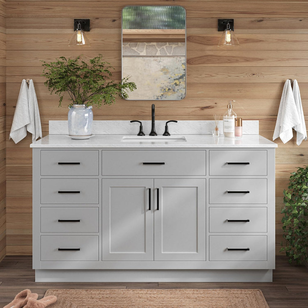 ARIEL Hepburn 60-inch Bathroom Vanity with Sink,Solid Wood, 0.75-inch Italian Carrara Marble Countertop, Single Rectangular Porcelain Sink, 2 Soft Closing Doors, 9 Dovetail Drawers, Grey