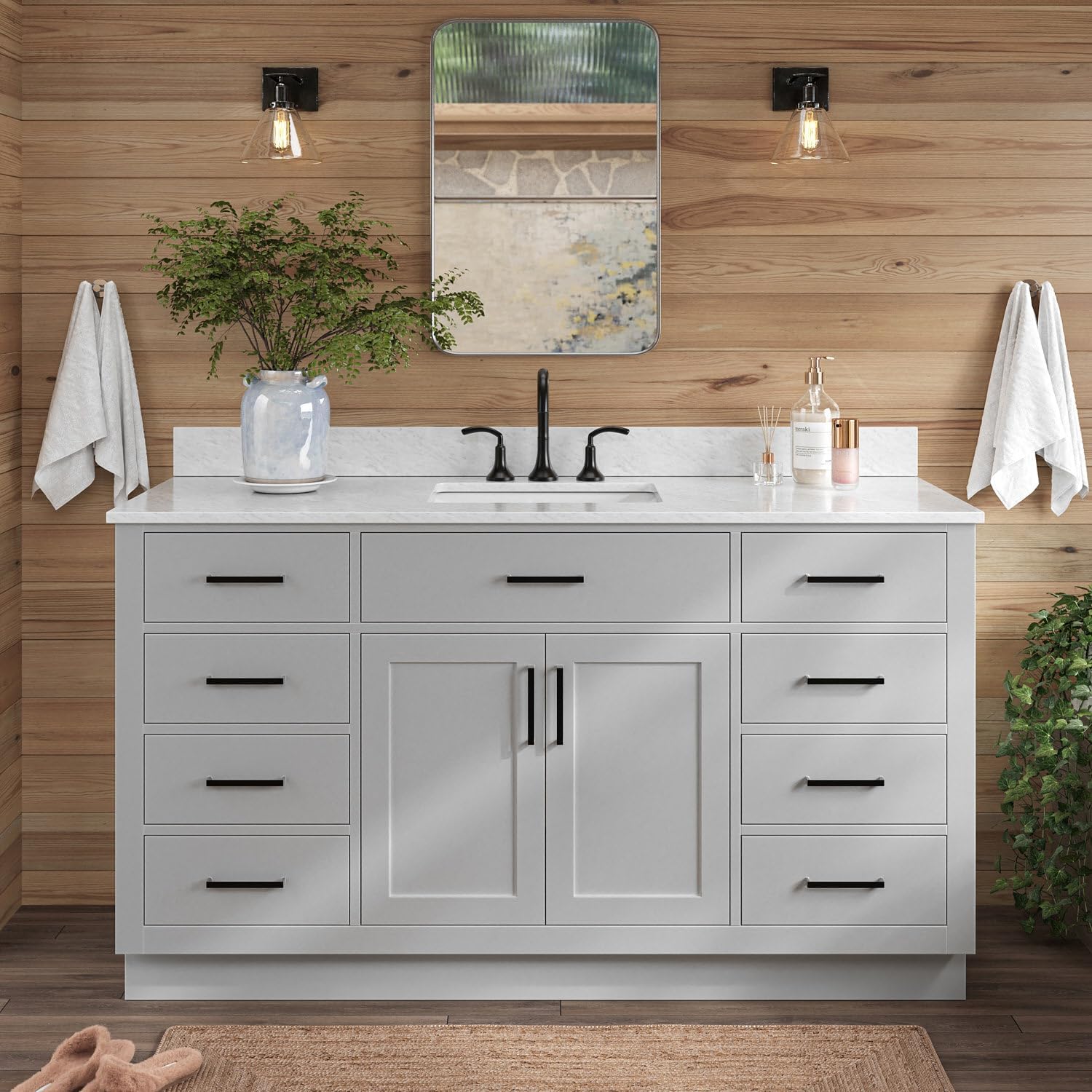 ARIEL Hepburn 60-inch Bathroom Vanity with Sink,Solid Wood, 0.75-inch Italian Carrara Marble Countertop, Single Rectangular Porcelain Sink, 2 Soft Closing Doors, 9 Dovetail Drawers, Grey