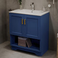 30 Inch Modern Bathroom Vanity with Ceramic Sink - Freestanding Cabinet 2 Soft-Close Doors & 1 Open Shelf, White Space-Saving Design for Powder Rooms (Blue)