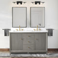 HOMEBEYOND 54' Bathroom Vanity with Double Sink & Engineered Marble Top, Solid Wood Frame, Linear Pattern & Soft Close Door | Golden Brushed Handware, Driftwood Gray