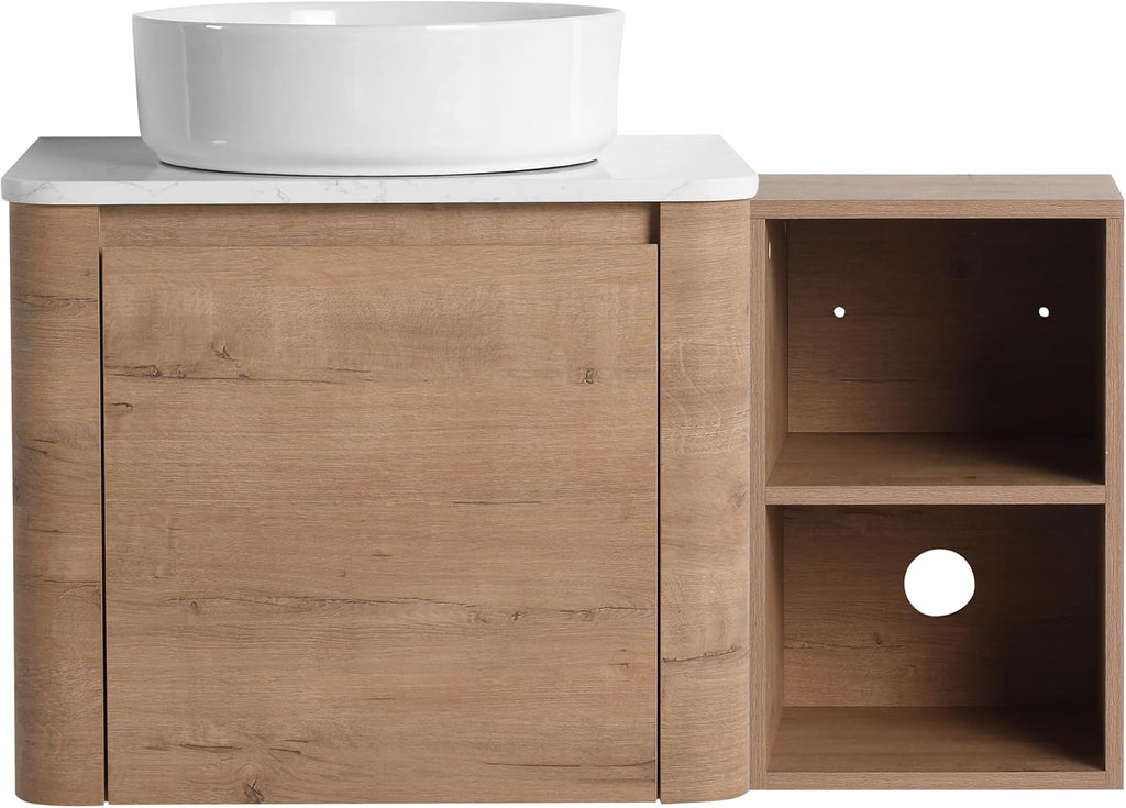 36 Inch Wall-Mounted Bathroom Vanity with Sink Combo Modern Floating Bathroom Vanitites with Round Ceramic Vessel Sink 36' Bathroom Sink Cabinet with Marble Counter Top & 1 Side Storage Shelf