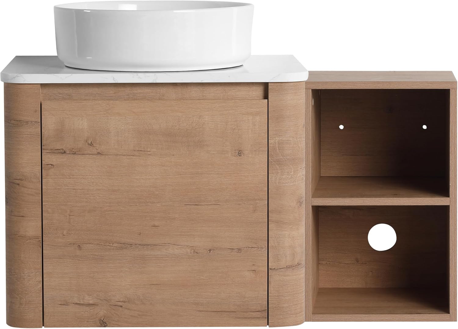36 Inch Wall-Mounted Bathroom Vanity with Sink Combo Modern Floating Bathroom Vanitites with Round Ceramic Vessel Sink 36' Bathroom Sink Cabinet with Marble Counter Top & 1 Side Storage Shelf