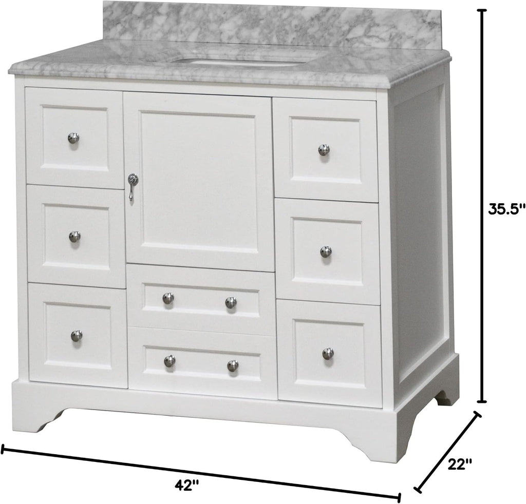 Madison 42-inch Bathroom Vanity (Carrara/White): Includes White Cabinet with Authentic Italian Carrara Marble Countertop and White Ceramic Sink