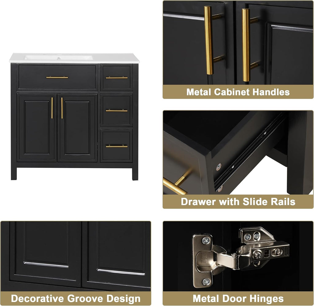 Favfurish 36' Bathroom Vanity with Sink Top and 2 Doors,Water-Resistant Wood Cabinet Vanities w/ 3 Drawers & Chrome-Finish Overflow,Pre-driled Three Faucet Holes,Multi-Functional Storger Space,Black