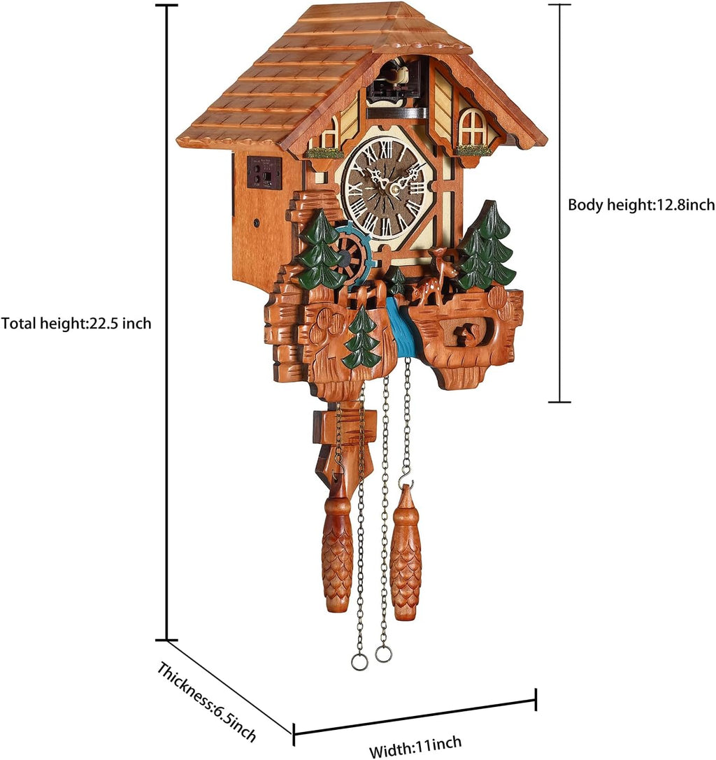 Kintrot Cuckoo Clock Black Forest Chalet Clock 11x22.5 Inches | Handcrafted Wooden Wall Clock with Singing Bird, Rotating Waterwheel, Night Mode and 12 Melodies