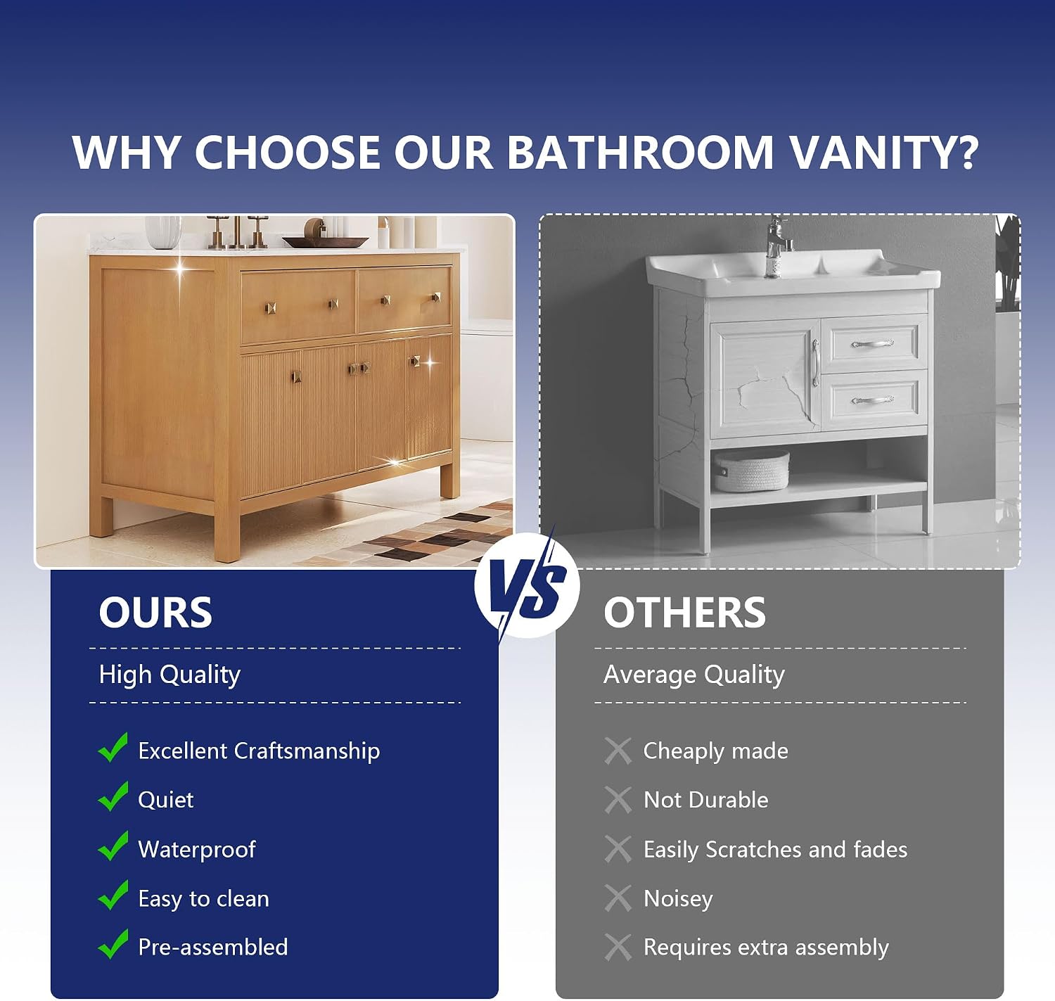 DeerValley 48' Bathroom Vanity, Pre-Assembled Vanity for Bathroom with Soft Closing and Splash Guard, Pre-drilled 3 Holes, Large Storage Space Cabinet, Natural Wood Color