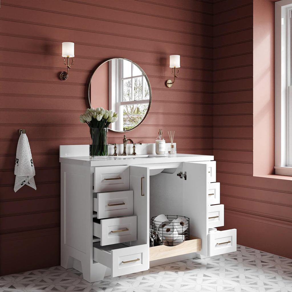ARIEL Taylor 48-inch Bathroom Vanity with Sink,Solid Wood, 1.5-inch Pure White Quartz Countertop & Backsplash, Single Rectangular Porcelain Sink, 2 Soft Closing Doors, 9 Dovetail Drawers, White