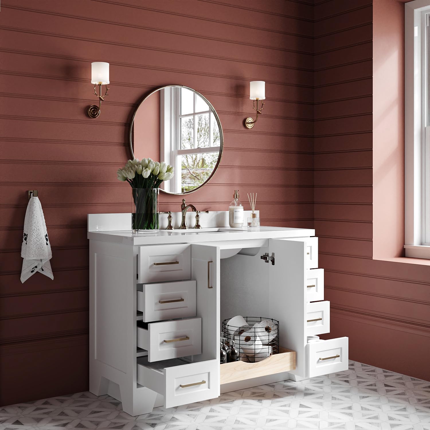 ARIEL Taylor 48-inch Bathroom Vanity with Sink,Solid Wood, 1.5-inch Pure White Quartz Countertop & Backsplash, Single Rectangular Porcelain Sink, 2 Soft Closing Doors, 9 Dovetail Drawers, White