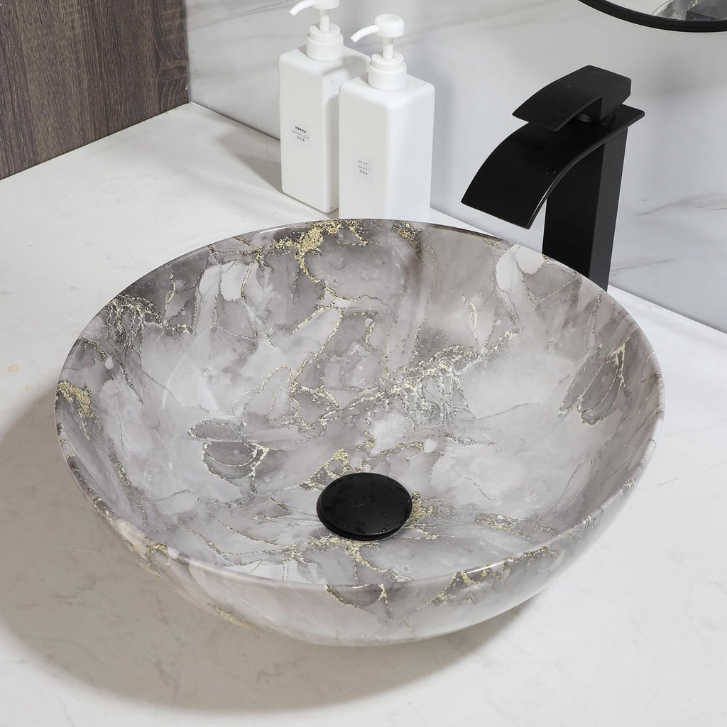 Marbling Small Vessel Sink With Black Faucet And Drain Combo Round Ceramic Basin Bowls Above Counter Bowl Sinks for Bathrooms Countertop Bathroom Sinks Gray With Gold