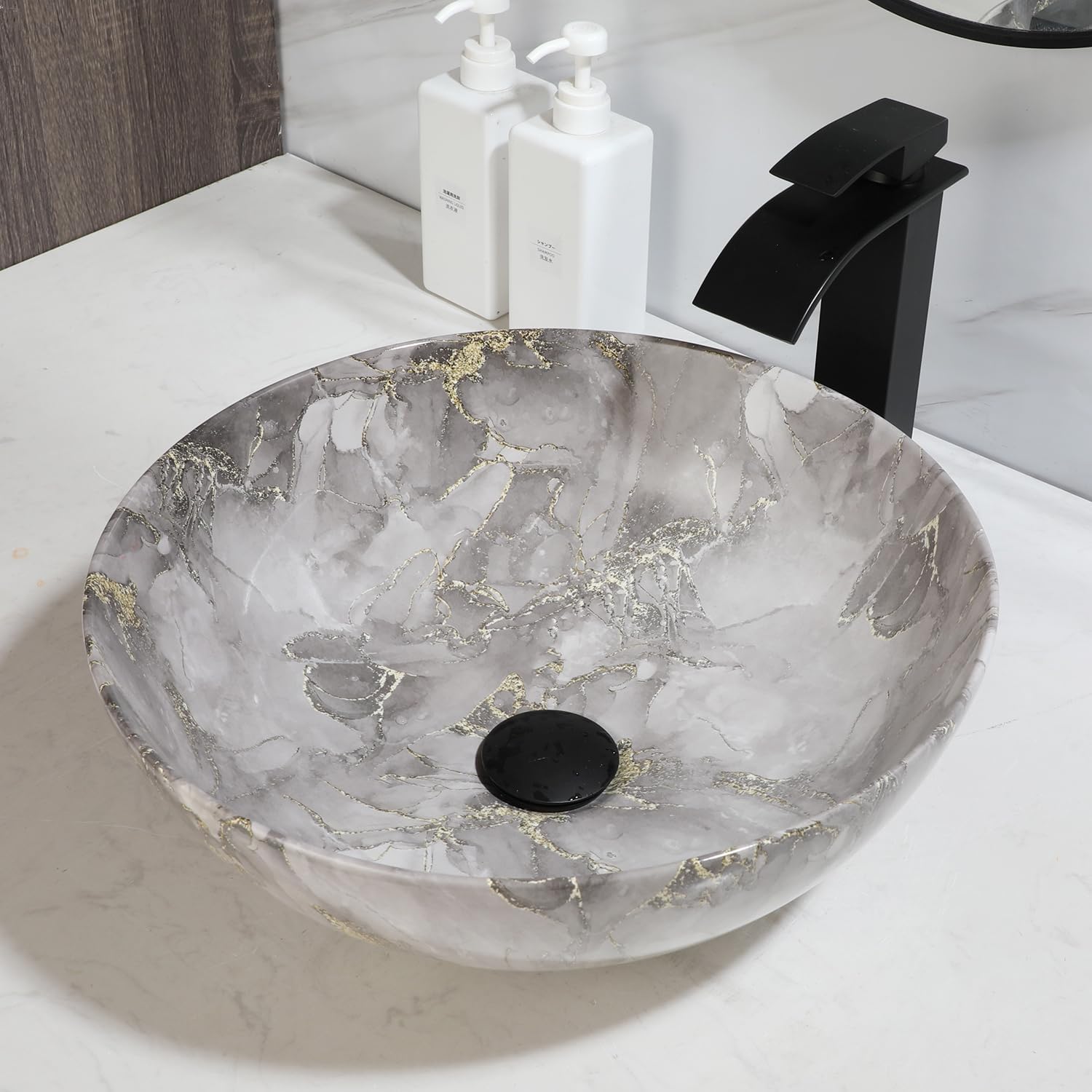 Marbling Small Vessel Sink With Black Faucet And Drain Combo Round Ceramic Basin Bowls Above Counter Bowl Sinks for Bathrooms Countertop Bathroom Sinks Gray With Gold