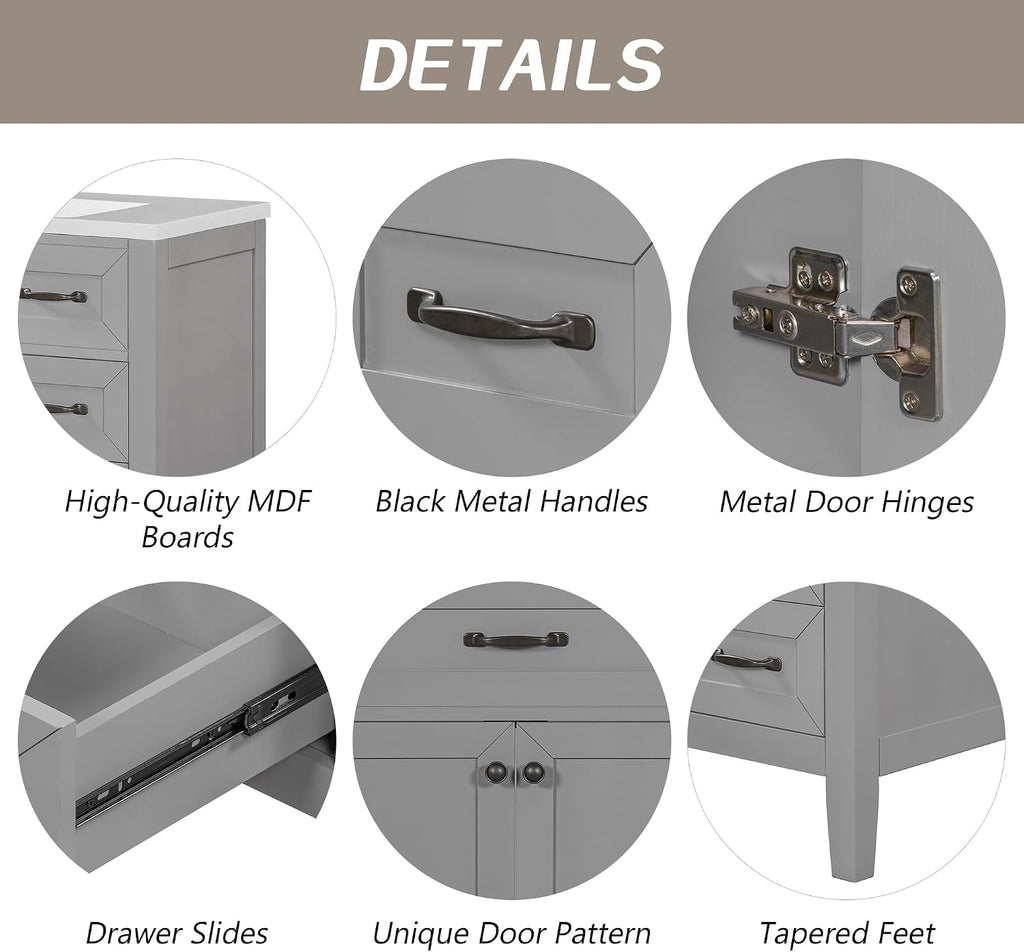 36' Bathroom Vanity with Sink, Bathrooms Vanity witn Top, 36 Inch Vanity and Sink Bathroom Vanity with Countertop, 3 Drawers and 2 Doors for Bathroom No Mirror (Grey)