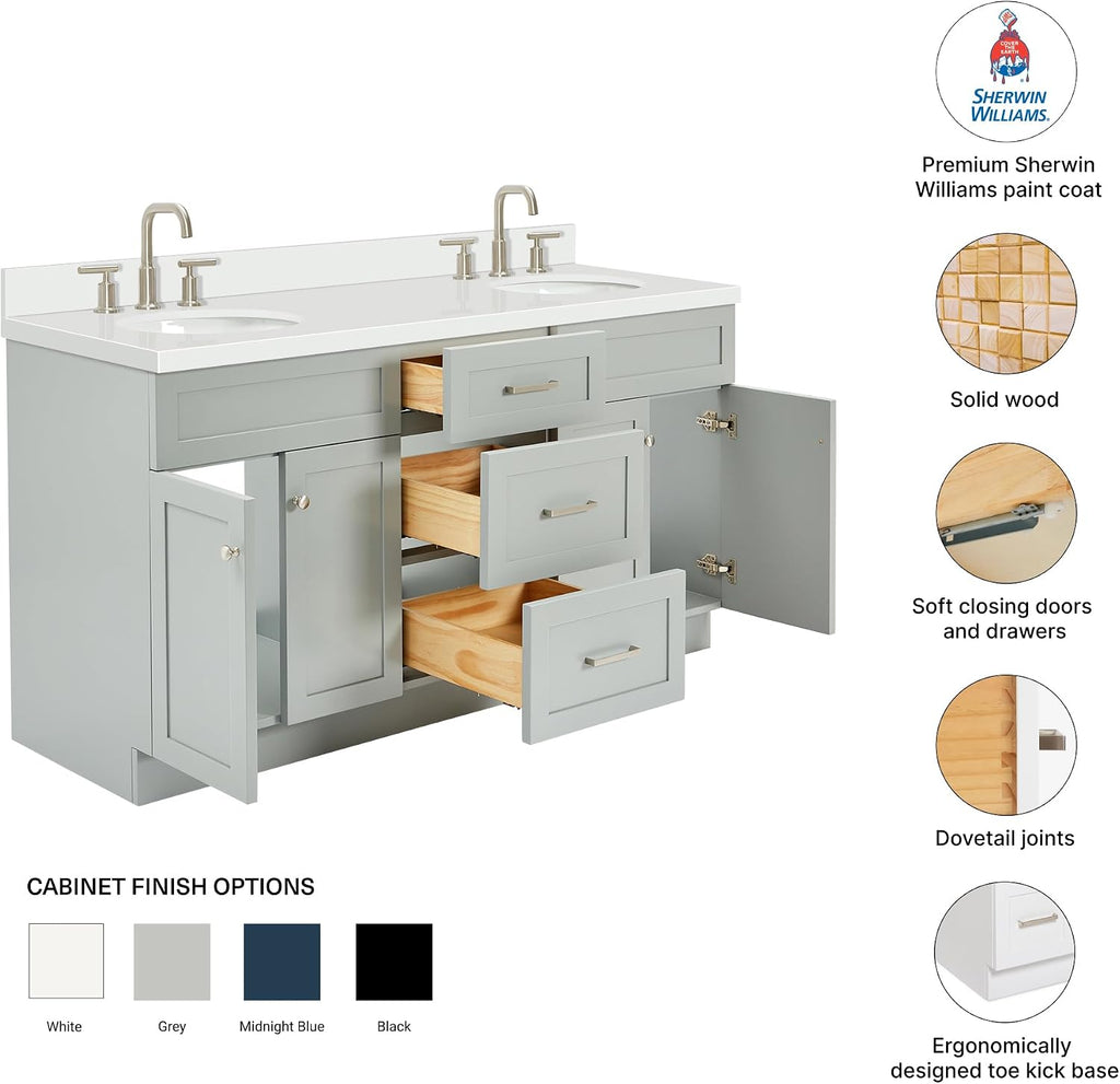 DKB Bradford 66' Grey Double Bathroom Vanity with Sink, Pure White 1.5' Quartz Countertop, Double Oval Sinks, 2 Soft Closing Doors, 3 Full Extension Dovetail Drawers