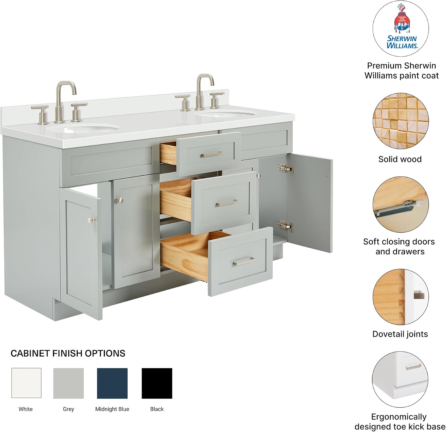 DKB Bradford 66' Grey Double Bathroom Vanity with Sink, Pure White 1.5' Quartz Countertop, Double Oval Sinks, 2 Soft Closing Doors, 3 Full Extension Dovetail Drawers