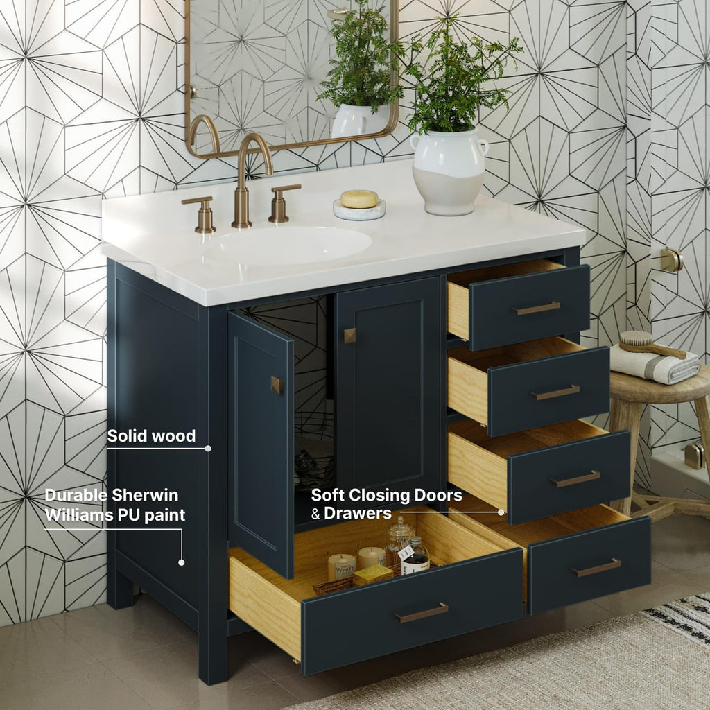ARIEL Cambridge 42-inch Bathroom Vanity with Sink,Solid Wood, 1.5-inch Pure White Quartz Countertop & Backsplash, Single Oval Porcelain Sink, 2 Soft Closing Doors, 5 Dovetail Drawers, Midnight Blue