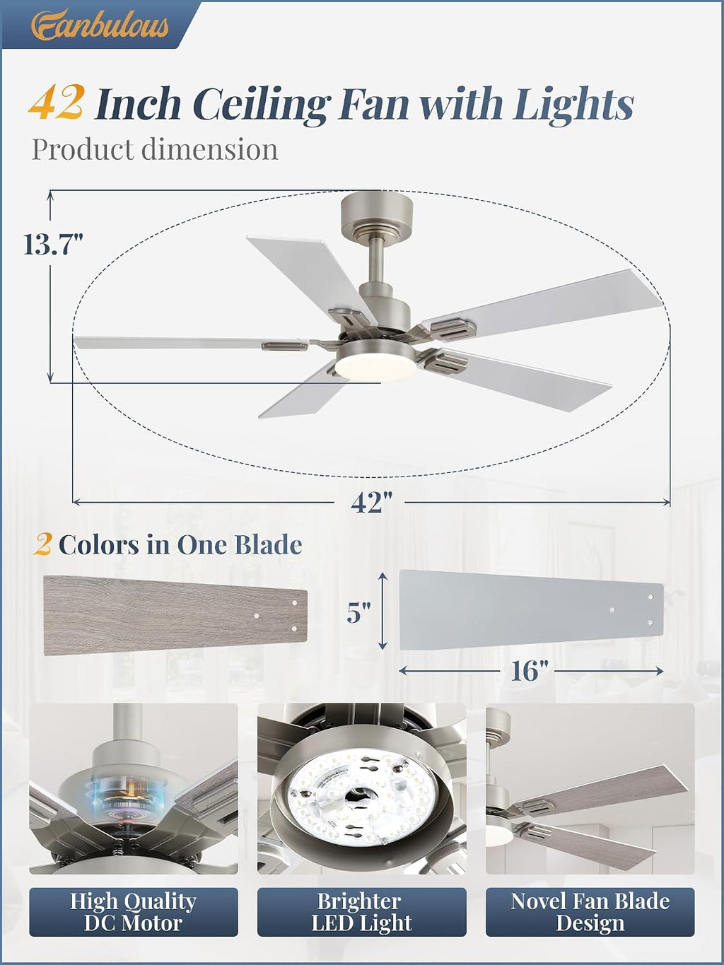 Fanbulous 2 Pack of 42 Ceiling Fans with Lights and Remote, Modern Low Profile Ceiling Fans with Dimmable 3CCT Quiet DC Motor, Reversible Celing Fan with 6-Speeds Timer for Bedroom, Nickel