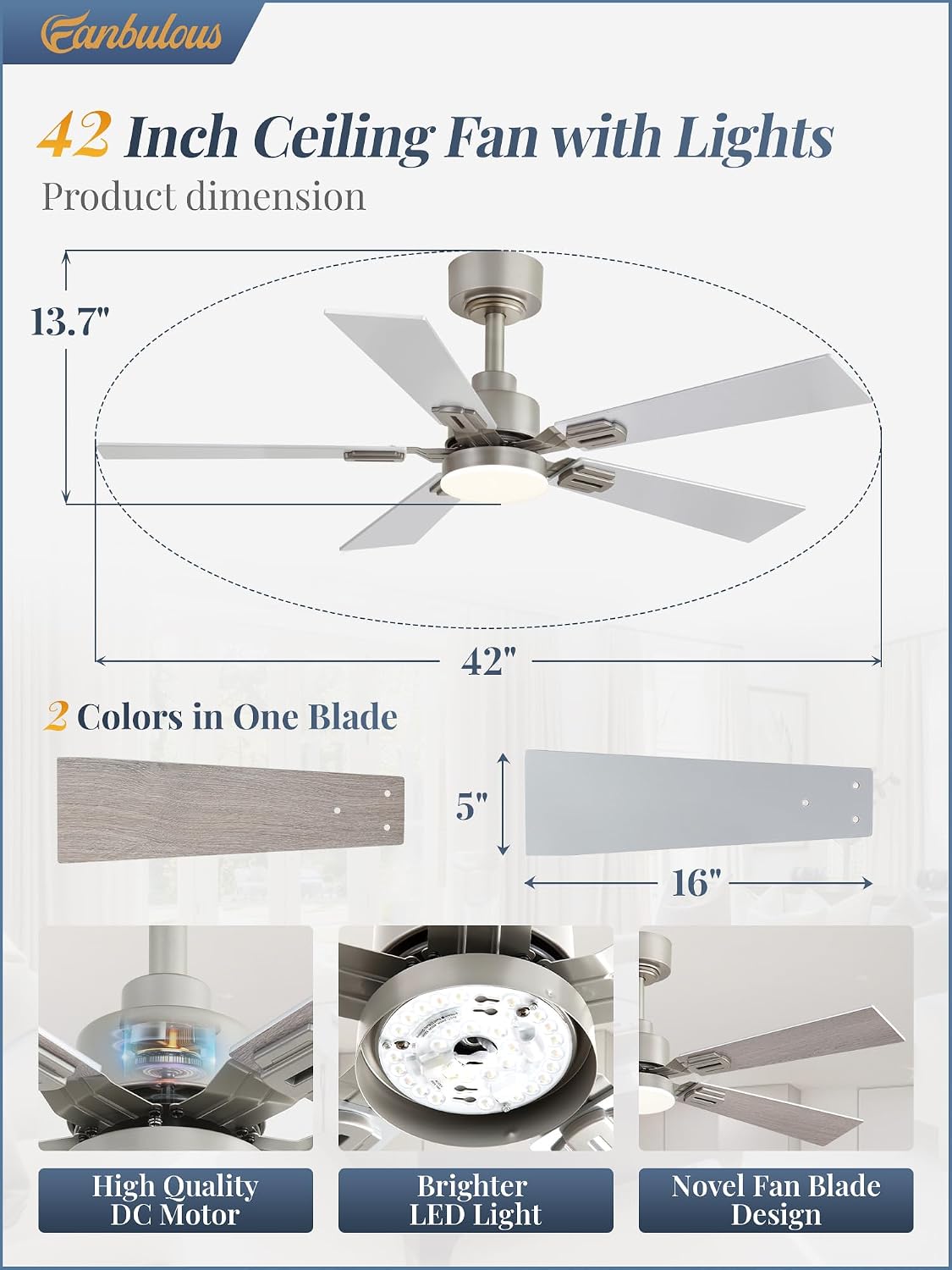 Fanbulous 2 Pack of 42 Ceiling Fans with Lights and Remote, Modern Low Profile Ceiling Fans with Dimmable 3CCT Quiet DC Motor, Reversible Celing Fan with 6-Speeds Timer for Bedroom, Nickel