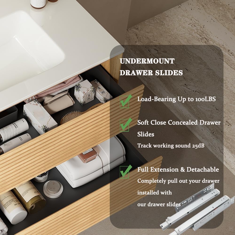 24' Floating Bathroom Vanity with Sink, Wall Mounted Modern Bathroom Cabinet with 2 Soft Close Drawers, Oak & Plywood, Pre-Assembled with Integrated Ceramic Basin – Sedona, Light Oak