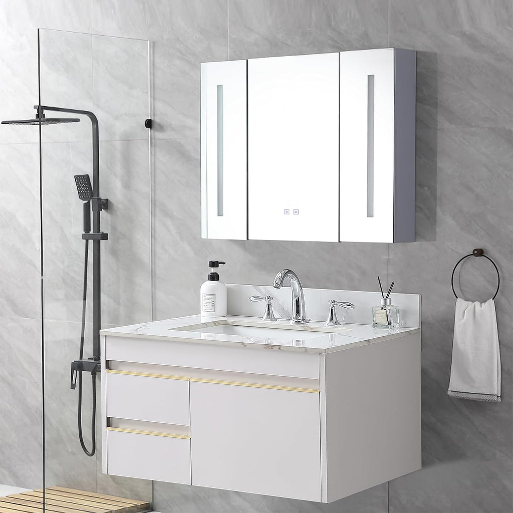 31 x 22 Inch Bathroom Vanity Top, Sintered Stone Top with Ceramic Sink, Three Hole Vanity Top With Undermount Rectangular Sink and 1 Backsplash (Carrara Gold, 3 Hole)