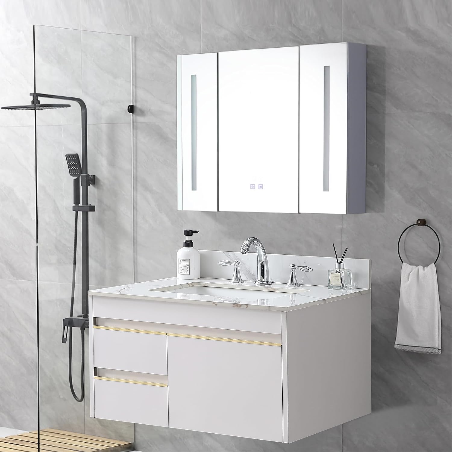 31 x 22 Inch Bathroom Vanity Top, Sintered Stone Top with Ceramic Sink, Three Hole Vanity Top With Undermount Rectangular Sink and 1 Backsplash (Carrara Gold, 3 Hole)