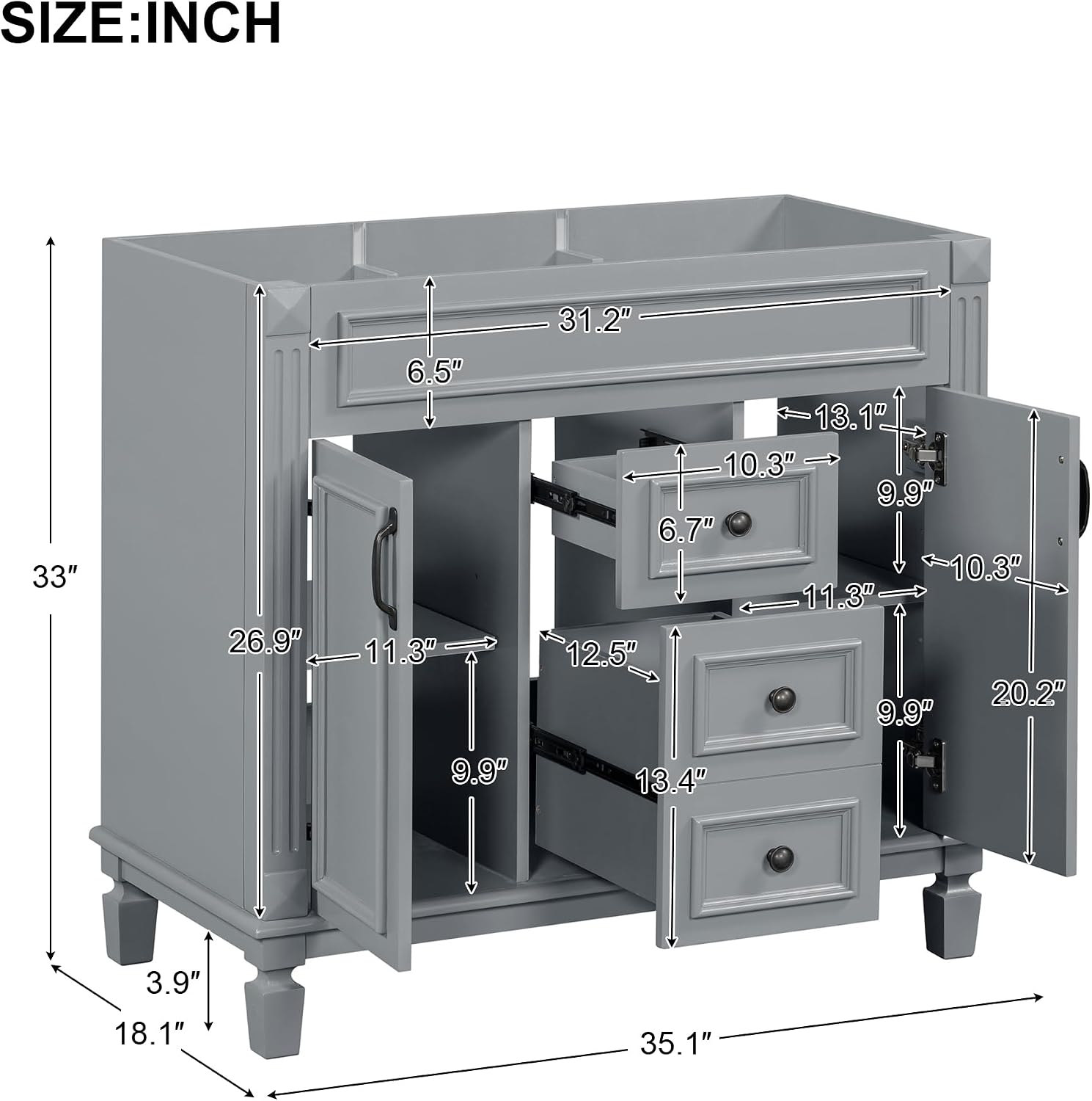 Merax 36' Bathroom Vanities with Single Sink, Modern Undermount Bathroom Sink Cabinet with 3 Closing Doors & 2 Full Extension Dovetail Drawers