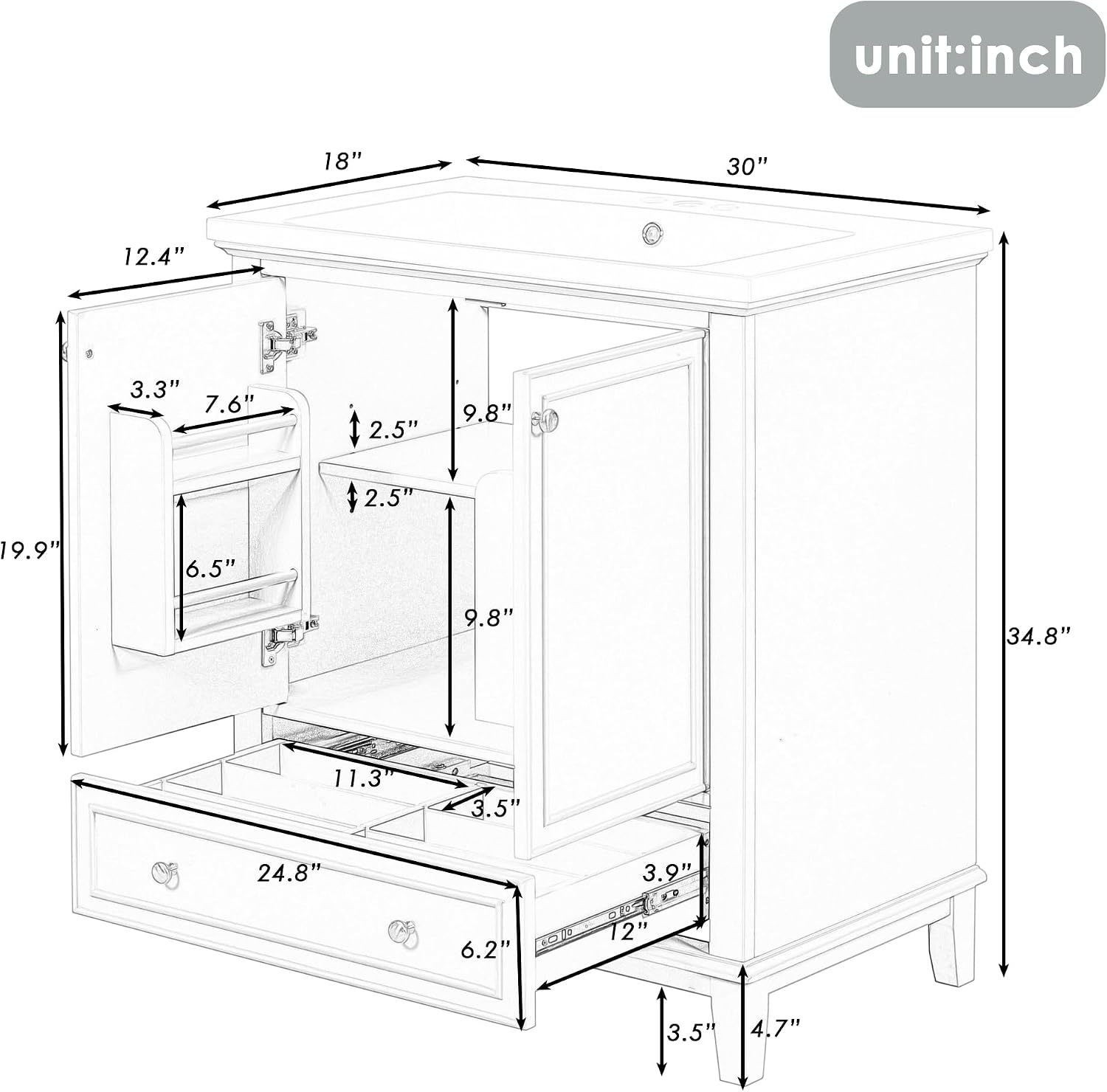 30' Bathroom Vanity with Sink Combo, Multi-Functional Bathroom Cabinet with Doors and Drawer, Solid Frame and MDF Board, White