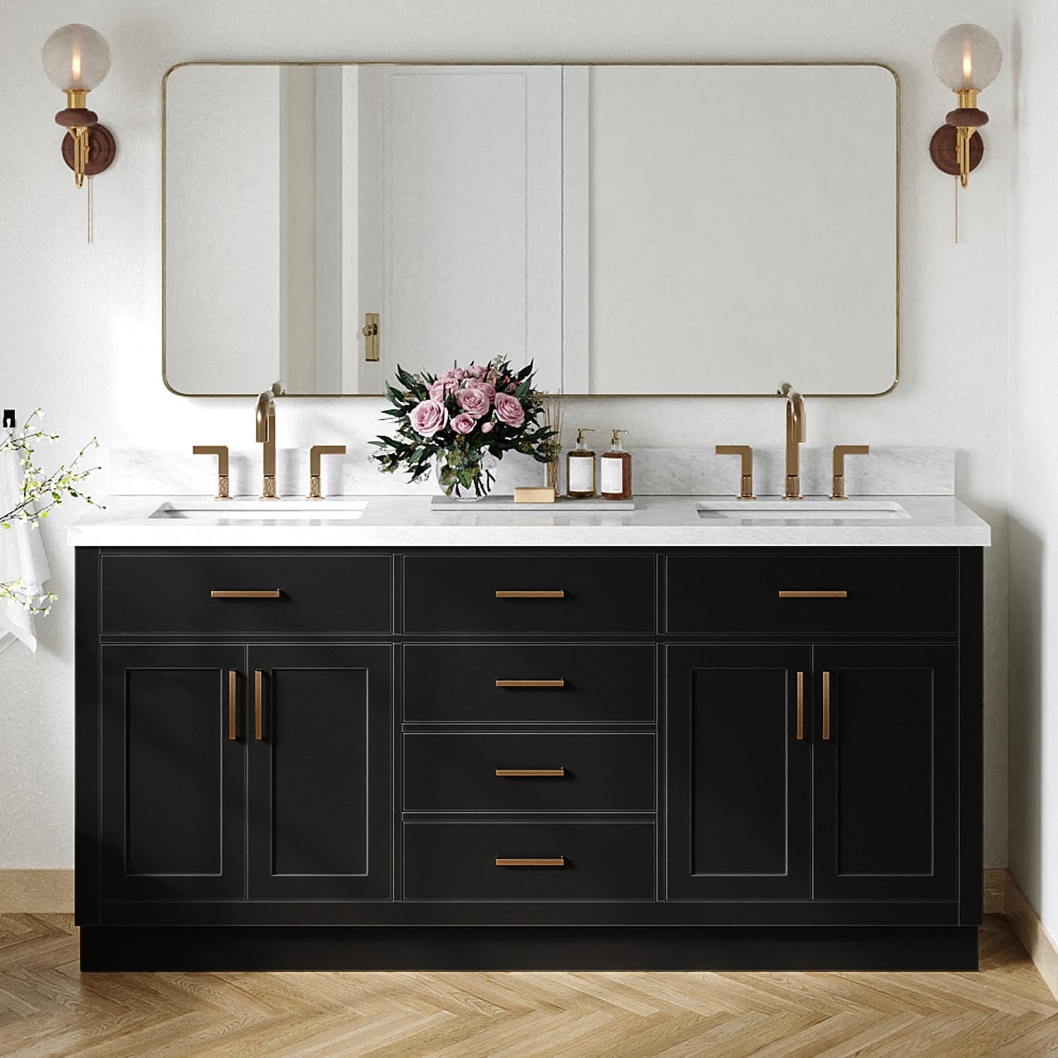 DKB Isabella 72 Inch Bathroom Vanity Double Sink — Black Bathroom Vanity with Sink, 1.5' Edge Italian Carrara Marble Countertop & Backsplash, 4 Soft-Close Doors, 4 Dovetail Drawers, and 2 Tilt Drawers