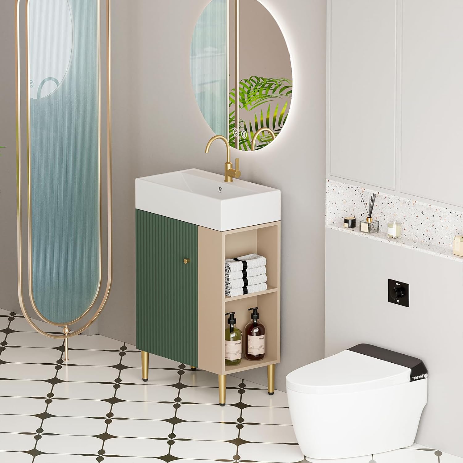 21.6 Inch Bathroom Vanity with Sink, Vanities with Square Ceramic Sink Top and Right Side Storage, Combo Stand Storage Cabinet Set for Small Bathroom (Green)