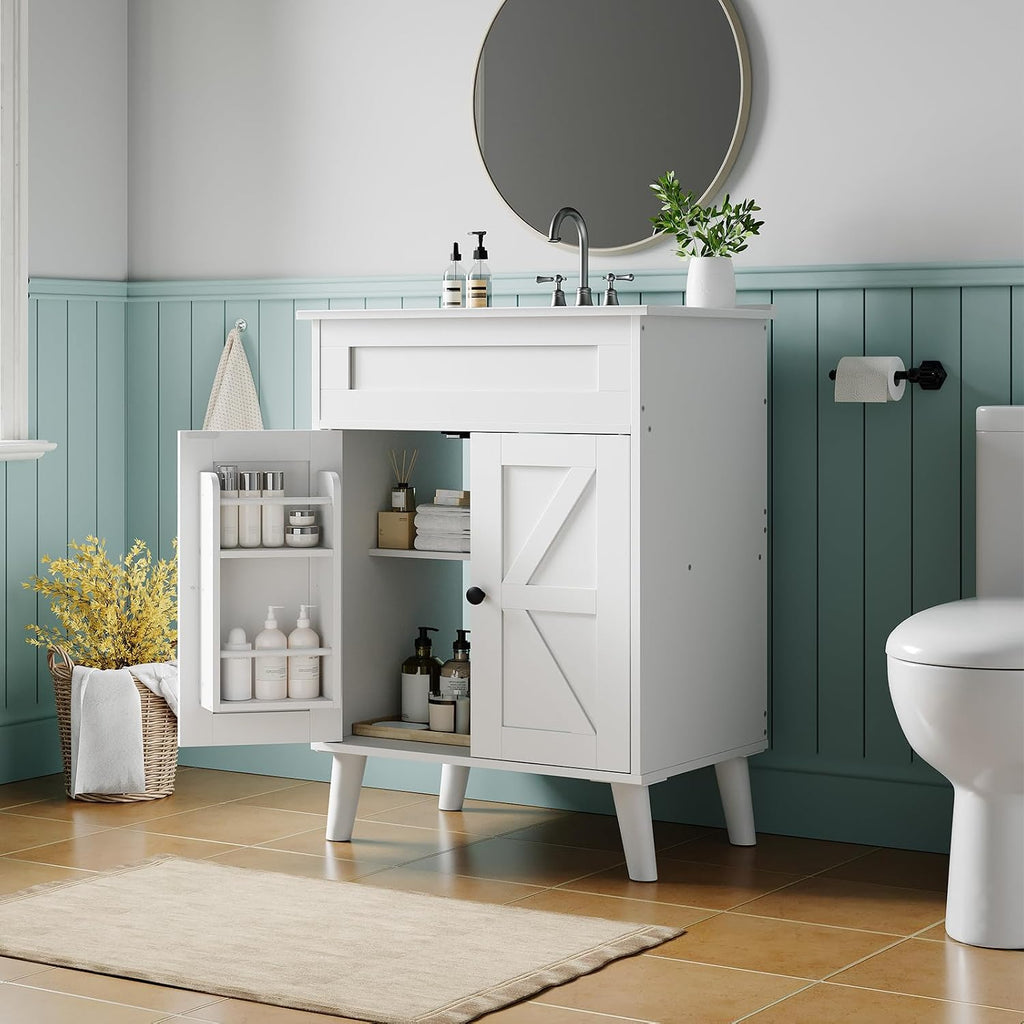 HOOBRO 24.2' Modern Bathroom Vanity with Sink, Farmhouse Bathroom Sink Cabinet with Ceramic Basin, Door Storage, 2 Doors & High-Leg Design, Easy Assembly, Drain Kit Not Included, White