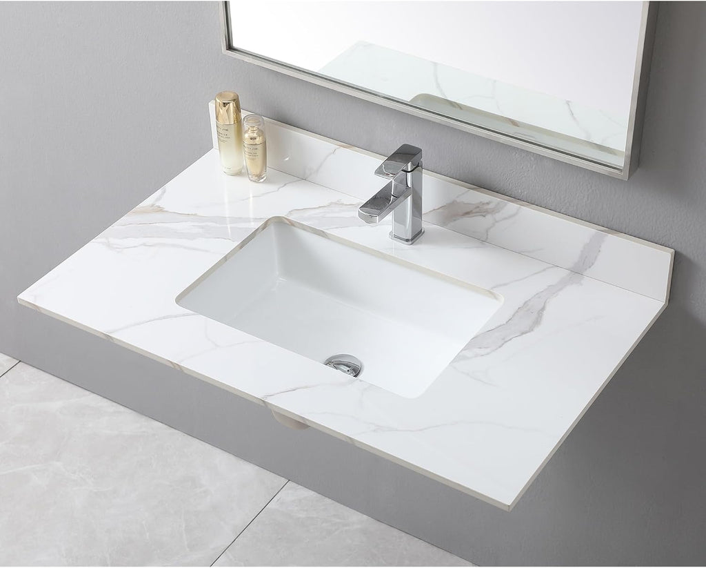 37 Inch Bathroom Vanity Top with Undermounted Large Ceramic Sink & Backsplash, Sintered Stone Artificial Marble Vanity Sink Tops with 1 hole, Carrara Gold