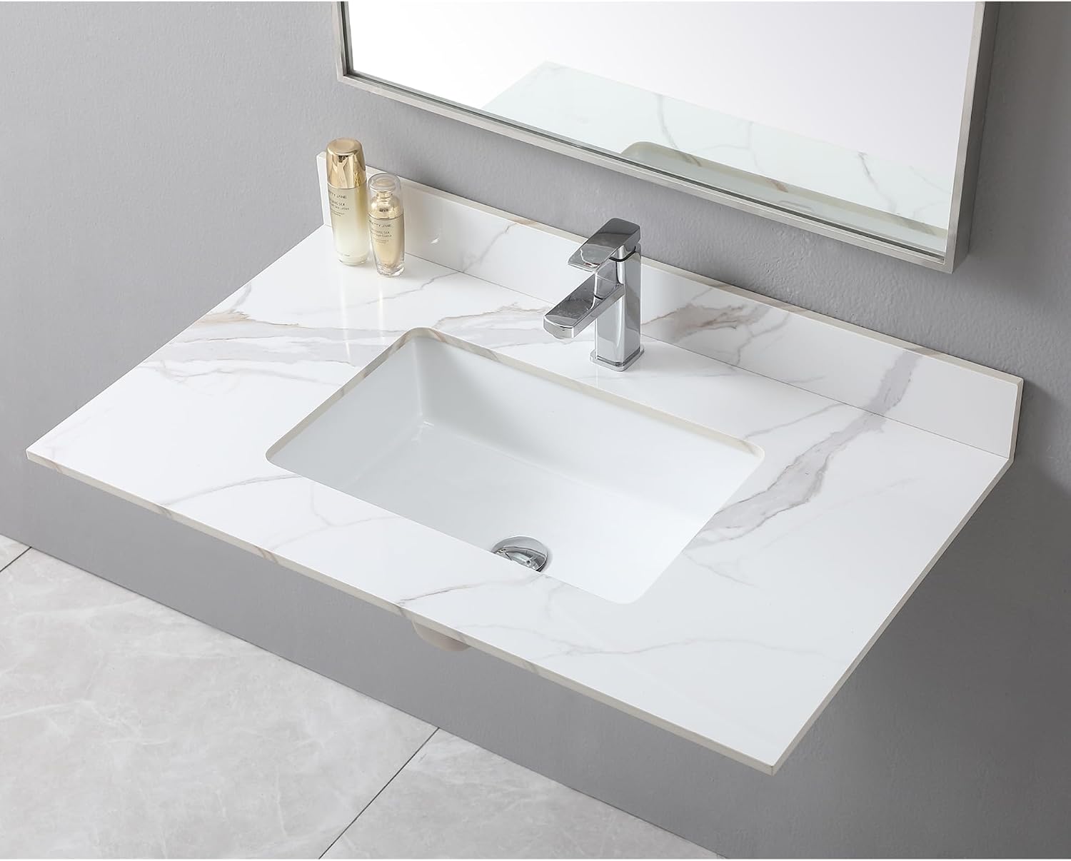 37 Inch Bathroom Vanity Top with Undermounted Large Ceramic Sink & Backsplash, Sintered Stone Artificial Marble Vanity Sink Tops with 1 hole, Carrara Gold
