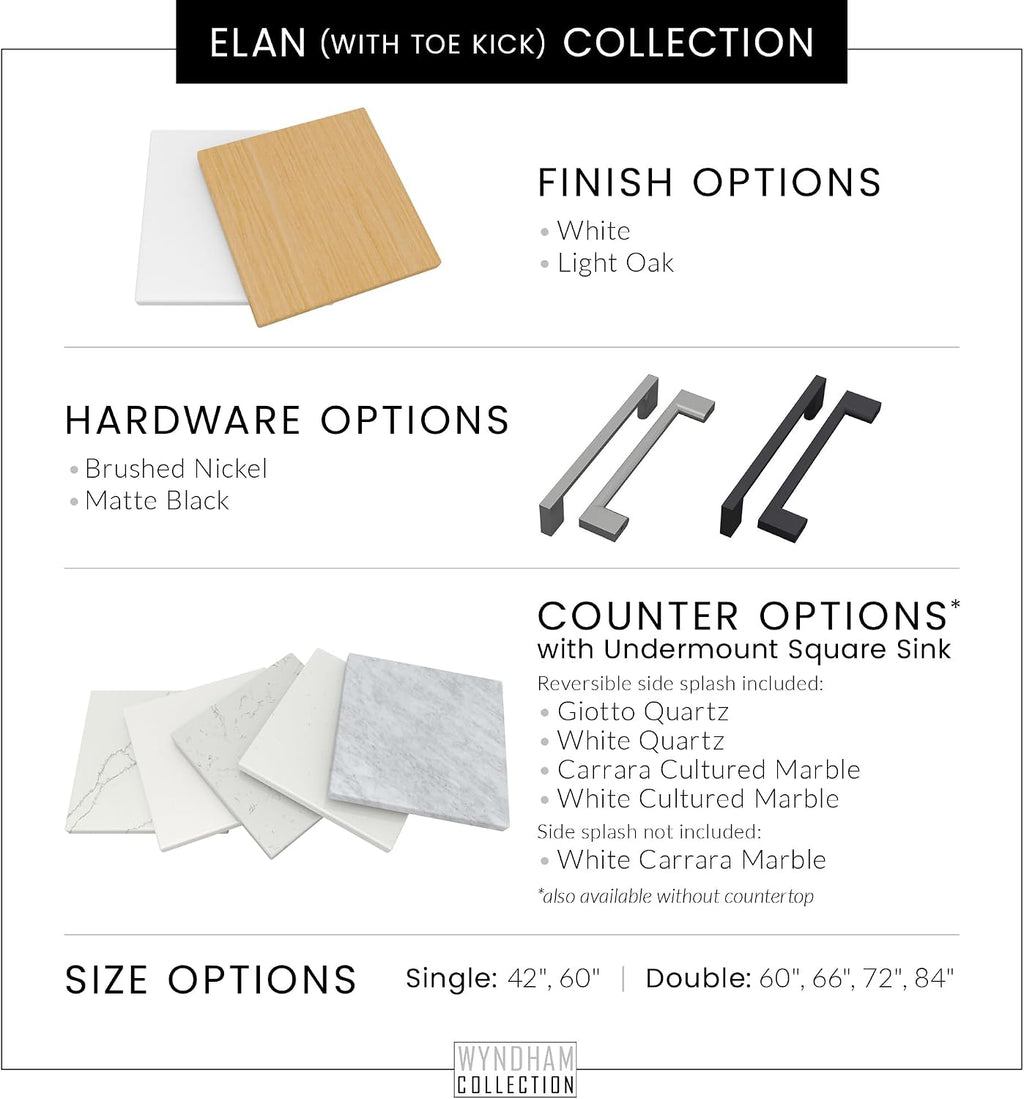 Wyndham Collection Elan 42 Inch Single Bathroom Vanity with Toe Kick in White, No Countertop, No Sink, Brushed Nickel Trim