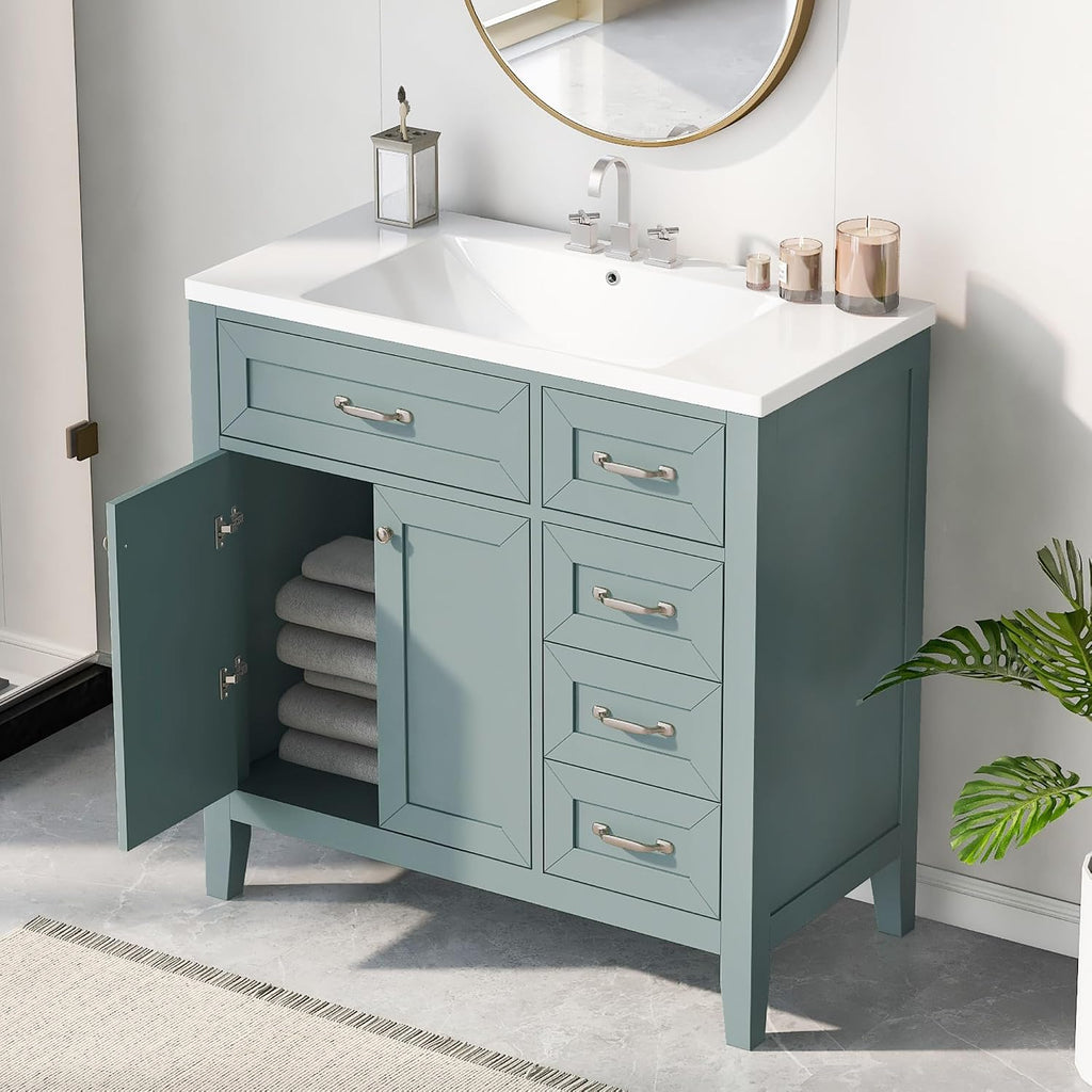 36' Bathroom Vanities with Sink Combo, Wood Modern White Bathroom Sink Cabinet with Soft Closing 3 Drawers and Doors, Freestanding Set