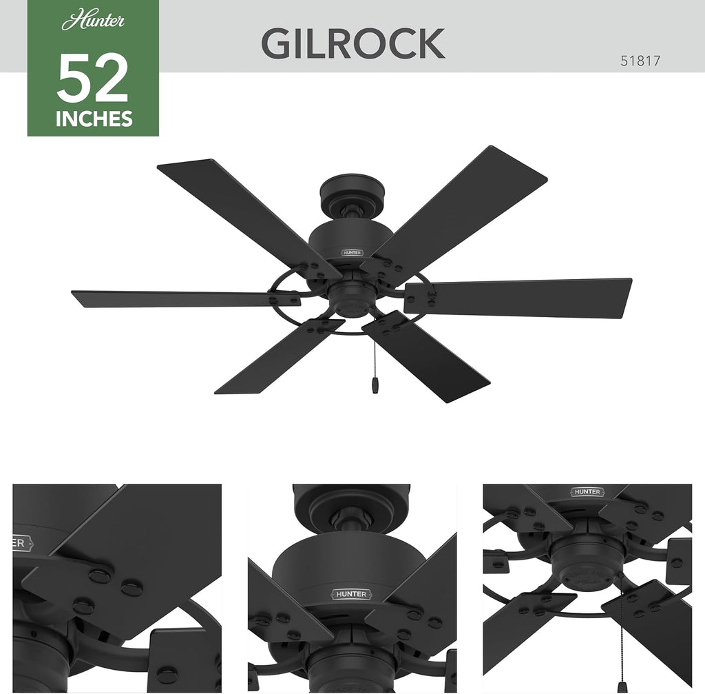 Hunter 52 inch Indoor Ceiling Fan No Light - Black Ceiling Fan without Light, 6 Blades, Standard Mount, For Bedroom, Living Room, or Kitchen, Pull Chain - Gilrock 51817, Matte Black
