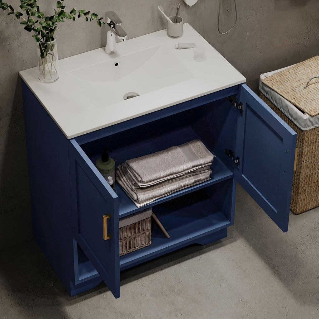 30 Inch Modern Bathroom Vanity with Ceramic Sink - Freestanding Cabinet 2 Soft-Close Doors & 1 Open Shelf, White Space-Saving Design for Powder Rooms (Blue)