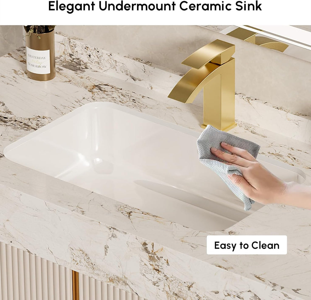 homary 36 Inch Bathroom Vanity with Sink, Contemporary Floating Vanity with Sintered Stone Countertop & Undermount Ceramic Basin, 2 Drawers & 2 Open Shelves, Space Saving Design, Beige