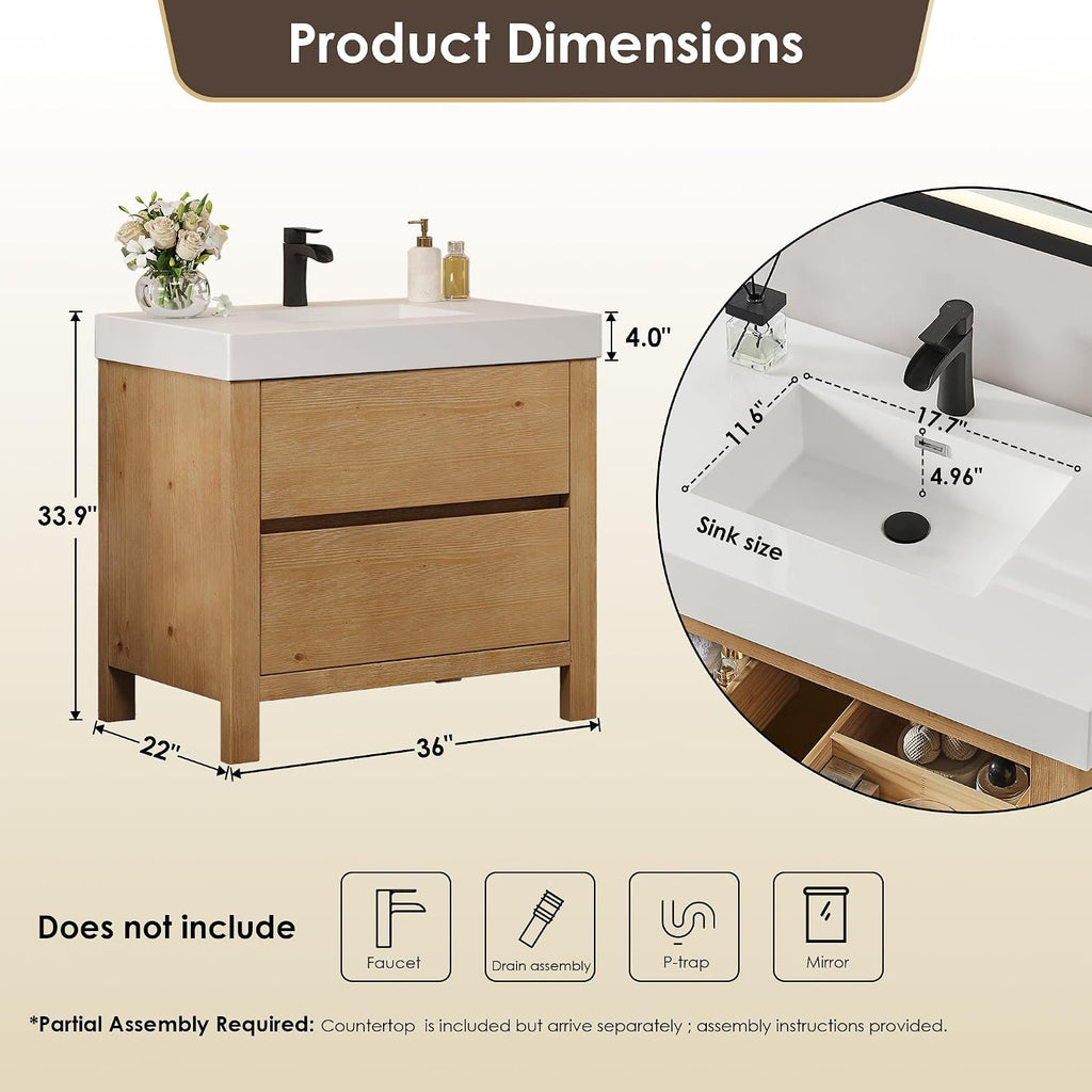 ALTAIR 36 Bathroom Vanity with Sink Mordern Freestanding Single Vanities Light Brown Large Storge Cabinet with Ceramic Countertop Pre-Assembled Bath Fixtures