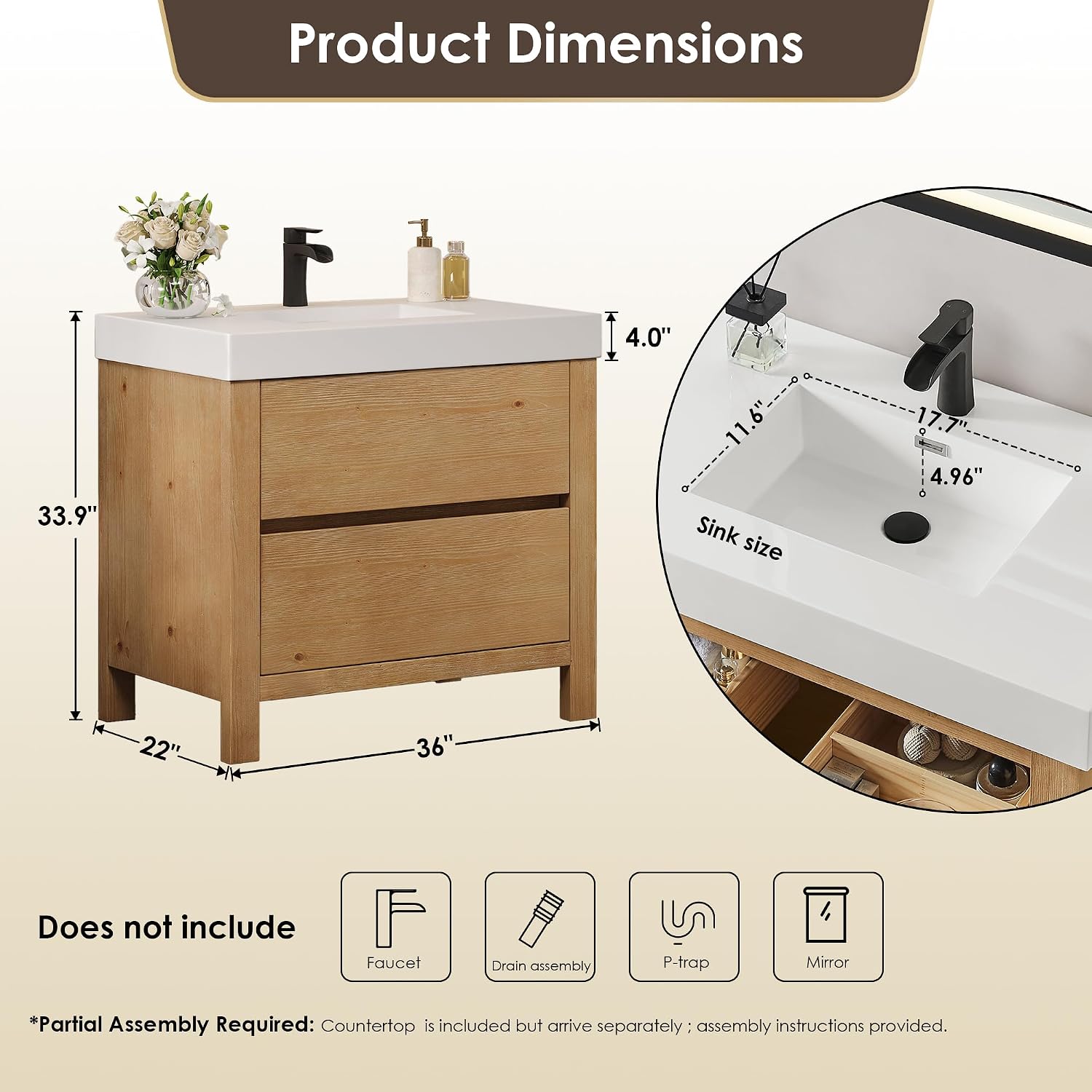 ALTAIR 36 Bathroom Vanity with Sink Mordern Freestanding Single Vanities Light Brown Large Storge Cabinet with Ceramic Countertop Pre-Assembled Bath Fixtures