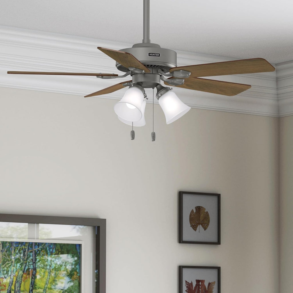 Hunter Fan 44 inch Matte Silver Indoor Ceiling Fan with Light and Pull Chain for Bedroom, Living Room, Office, Basement, Kitchen (Renewed), CC5C27C79