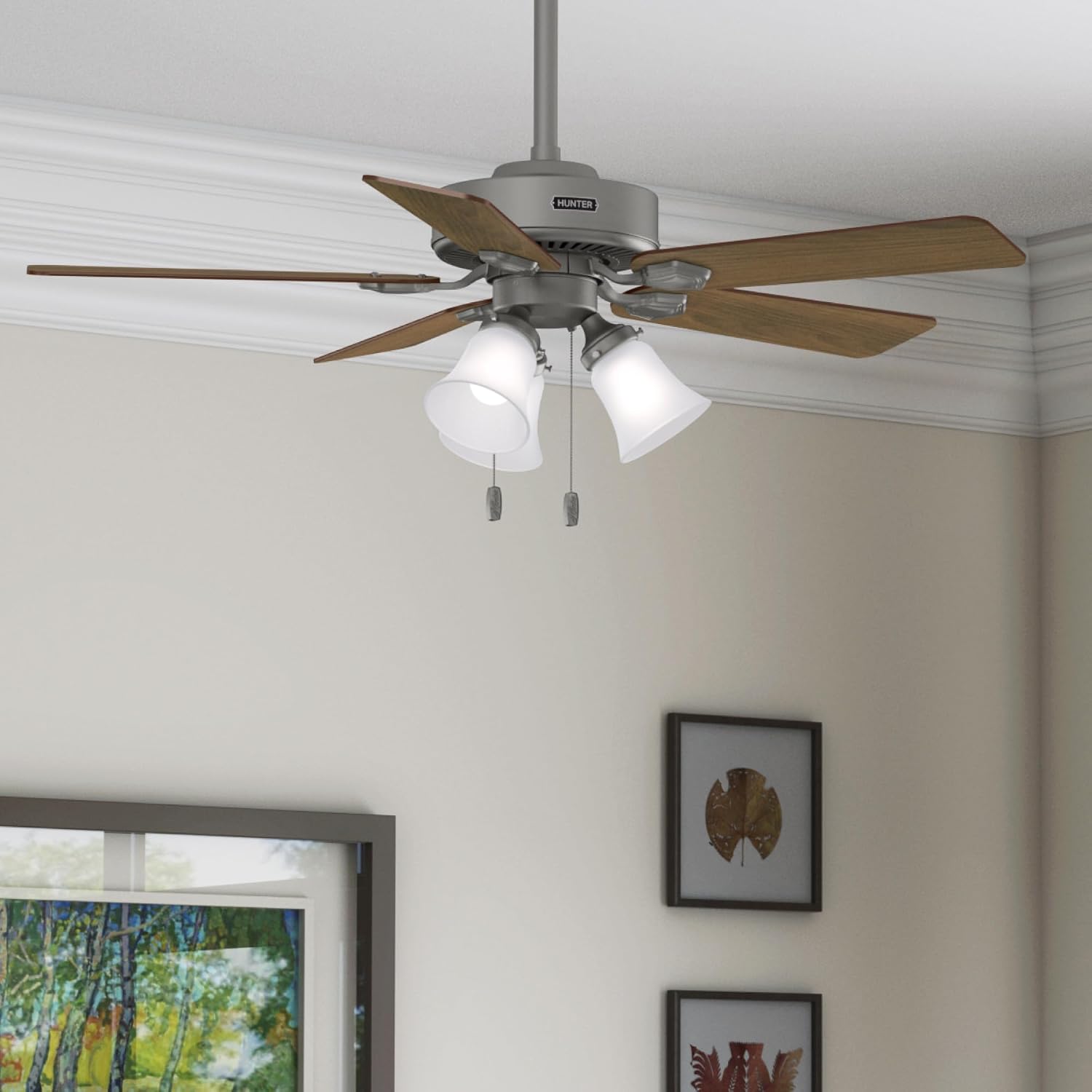 Hunter Fan 44 inch Matte Silver Indoor Ceiling Fan with Light and Pull Chain for Bedroom, Living Room, Office, Basement, Kitchen (Renewed), CC5C27C79