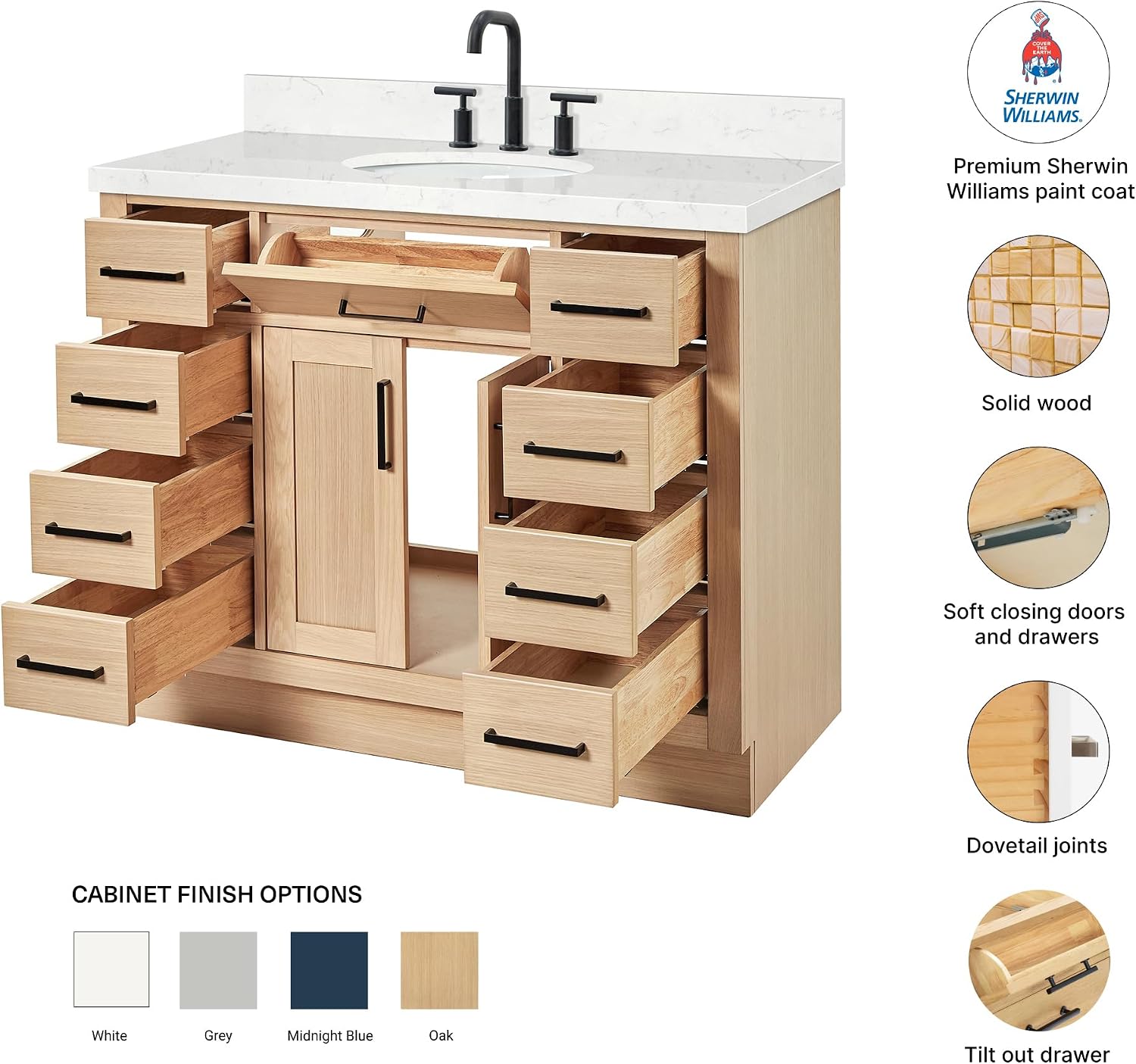 DKB Isabella 42-Inch Oak Single Bathroom Vanity with Sink, 1.5-Inch Carrara White Quartz Countertop & Backsplash, Matte Black Hardware, 2 Soft Closing Doors, 9 Drawers