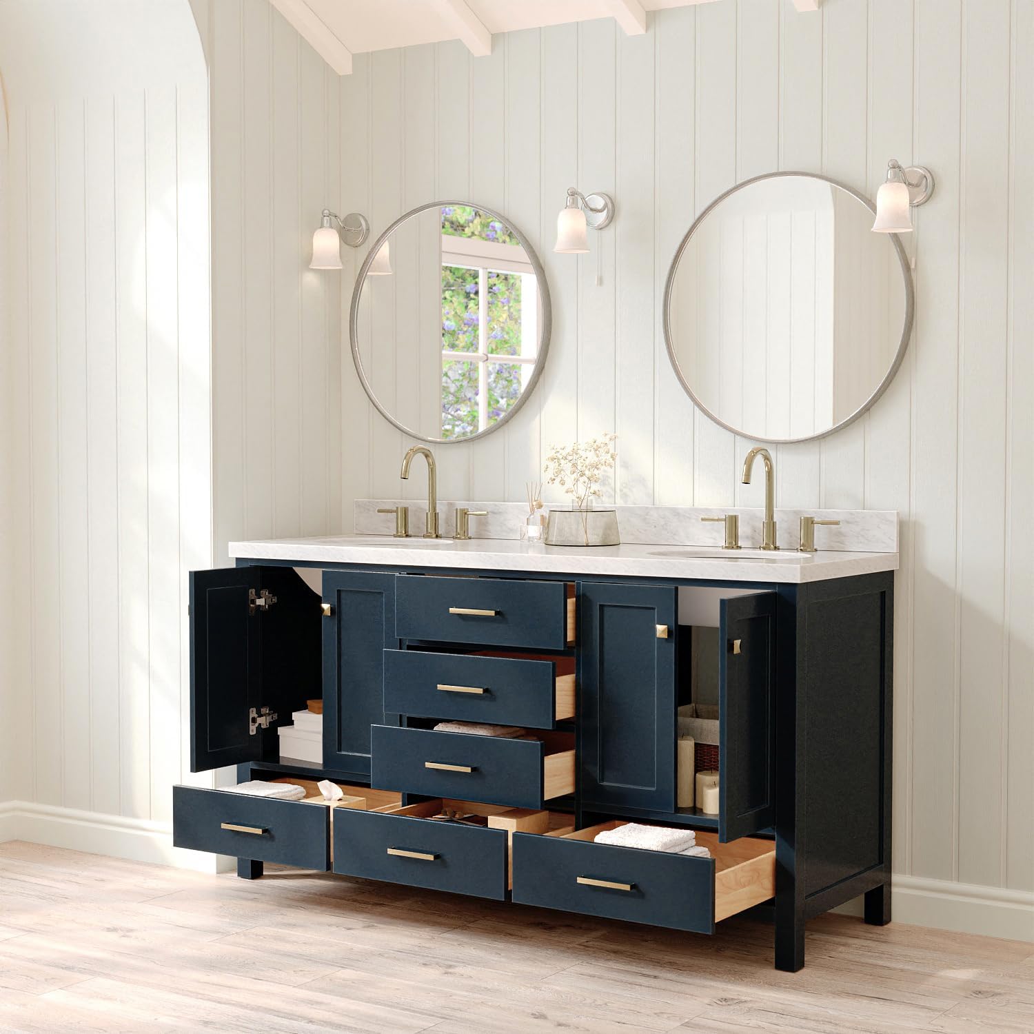 ARIEL Cambridge 66-inch Bathroom Vanity with Sink,Solid Wood, 1.5-inch Italian Carrara Marble Countertop, Double Oval Porcelain Sink, 4 Soft Closing Doors, 6 Dovetail Drawers, Midnight Blue
