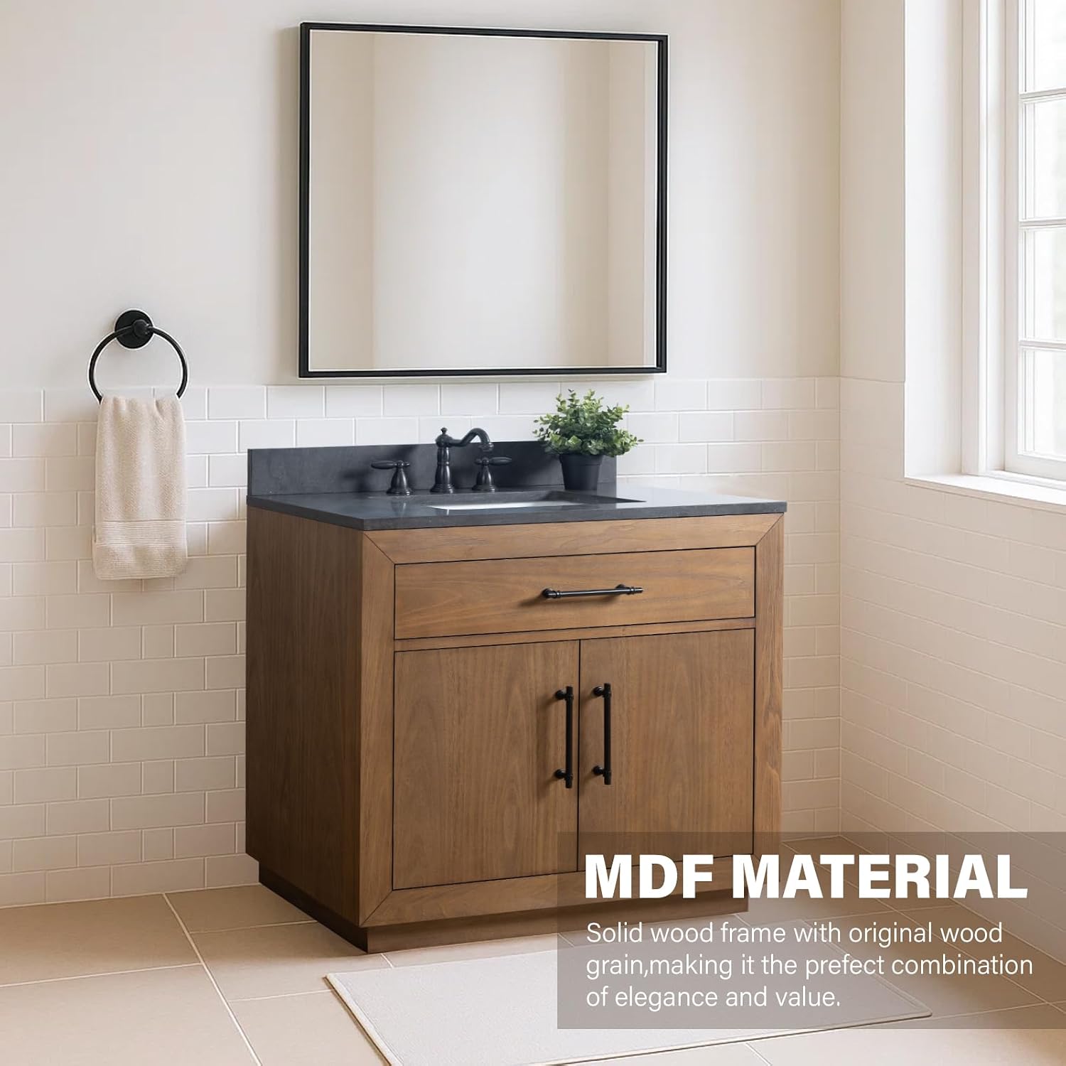 HOMEBEYOND 36' Bathroom Vanity with Single Sink & Ceramic Top, MDF Material Vanity Cabinet with Basin Combo, Soft-Closing Doors, Removable Shelf, Backsplash, Tan
