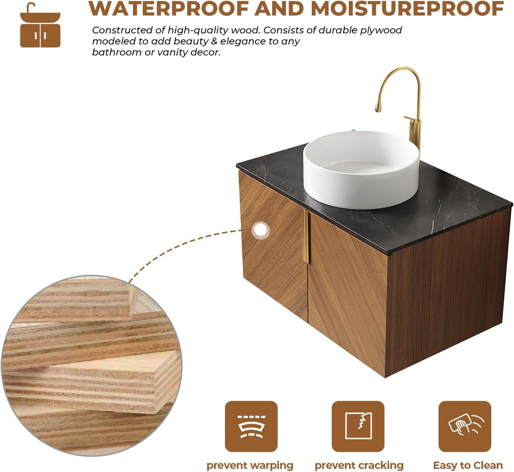 LKTART Floating Vanity Bathroom 30 inch, Modern Wall Mounted Bathroom Storage Cabinet with 2 Doors, Black Sintered Stone Countertop and White Round Ceramic Basin, Brown
