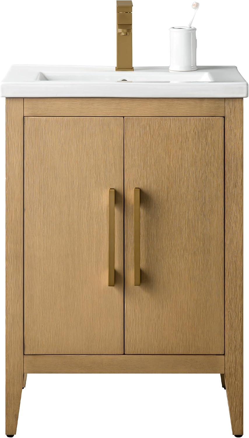 HOMEBEYOND 24 Inch Bathroom Vanities with Sink & Ceramic Top, Single Vanity Cabinet with Basin, Solid Wood Frame, Soft-Closing Doors & Golden Brushed Hardware, Natural Oak
