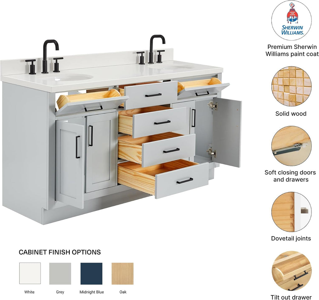 DKB Isabella 66-Inch Grey Double Bathroom Vanity, 1.5-Inch Pure White Quartz Countertop & Backsplash, Two Oval Sinks, 4 Soft Closing Doors, 6 Dovetail Drawers, Toe Kick, Matte Black Hardware