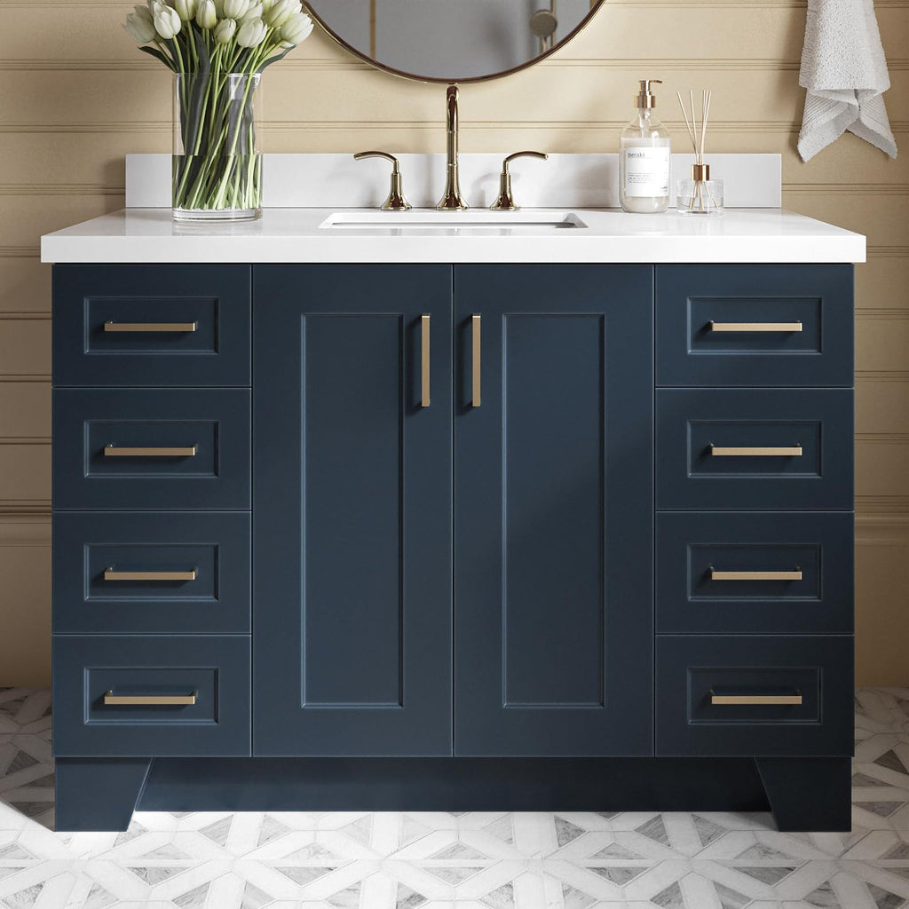 ARIEL Taylor 48-inch Bathroom Vanity with Sink,Solid Wood, 1.5-inch Pure White Quartz Countertop, Single Rectangular Porcelain Sink, 2 Soft Closing Doors, 9 Dovetail Drawers, Midnight Blue